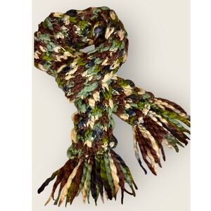 MICCO Scarf Chunky Cable Knit Wool Blend X-Long Blue/Green/Purple w Fringe Boho